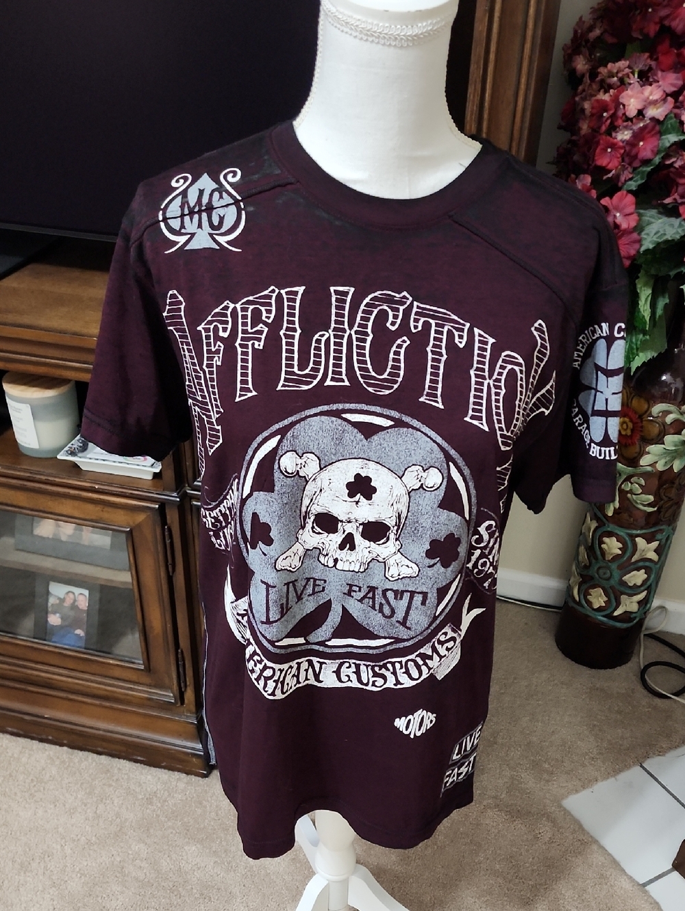 Affliction Live Fast Skull Graphic Tee - Burgundy